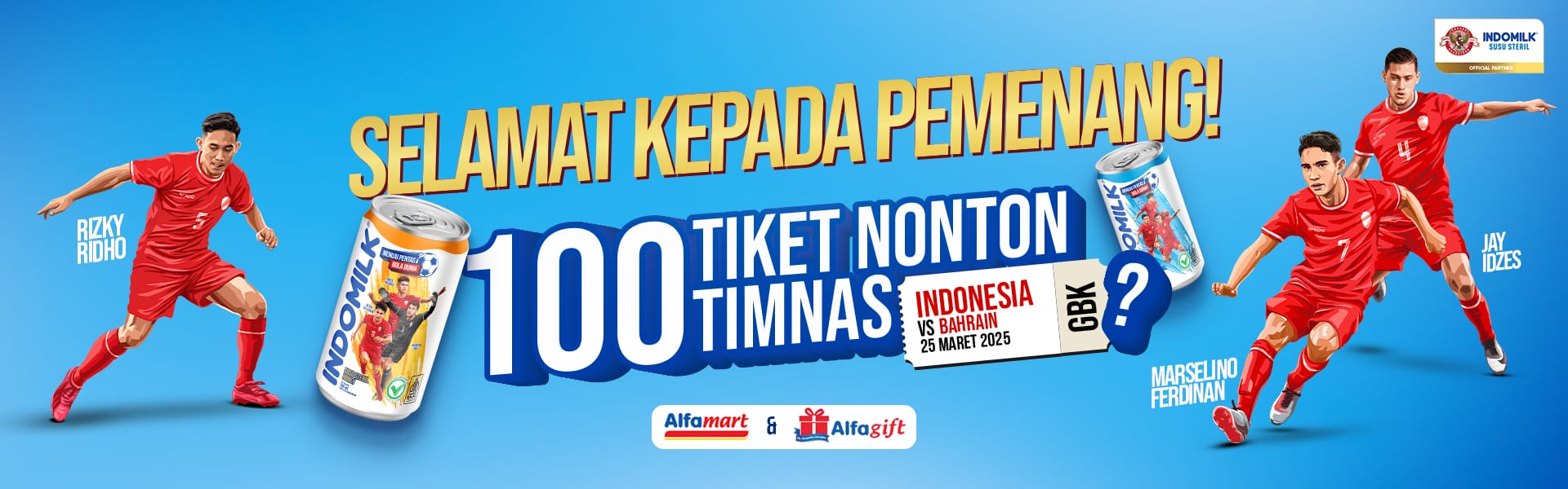 Pengumuman Pemenang Alfamart<br>Program Promo Indomilk Steril X Timnas:<br>Rayakan menuju Pentas Bola Dunia